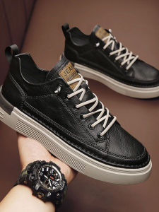 New 2025 Mens Casual Breathable Sports White Board Shoes Flat Bottom Versatile Trendy Shoes Leather Patchwork round Toe Thick Bottom