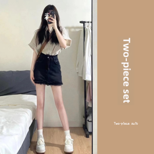 New Summer Womens Mini Skirt and Shirt Set Salt System Chic College Style Two-Piece High Waist A-Line K-Style Wardrobe