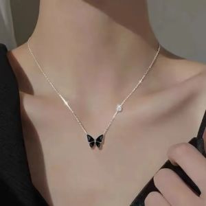 Silver Butterfly Pendant with Black Enamel & Small Link Chain Necklace for Ladies Girls Party Wedding Women Clavicle