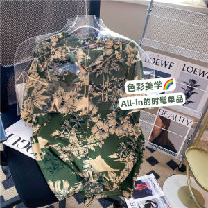 Dark Green He Thailand Printed Shirt Mens Short Sleeve Trendy Vintage Baroque Outwear Hawaii Beach Shirt