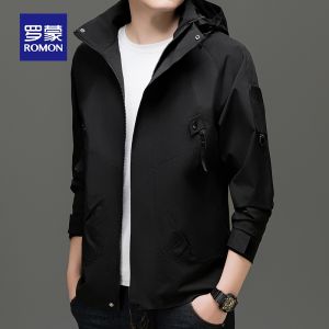 ROMON | Romon Mens Casual Hooded Jacket Outdoor Windproof Waterproof Detachable Spring Autumn Fashionable Polyester Fiber Long Sleeve