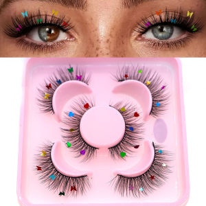 3 คู่ชุดดาวผีเสื้อรูปหัวใจเลื่อมขนตาปลอมนางฟ้าปาร์ตี้ฮาโลวีนคริสต์มาสสีสันเลื่อมขนตา