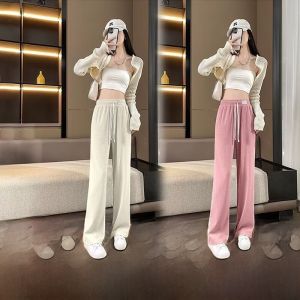 Summer Thin High Waist Drapey Loose Straight Casual Wide Leg Pants Cool Ice Silk Sport Pants Women Sun Protection Floor-Length Pants