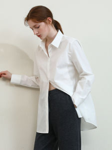 Miccbeirn | Cotton Shantung Long Sleeve Shirt Loose Casual Early Autumn Solid Color Base Layer Top Coat Simple Commute Style Button Design