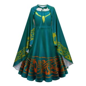 Brave Princess Dress Medieval Inspired Teal Cloak Dress + Curly Orange Wig + Archery Prop Costume for Kids Carnival Clothes