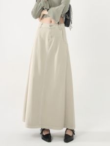 กระโปรงยีนส์ทรงเอเอวสูงสีขาว กระโปรงทรงเอยาวคลุมสะโพกสำหรับผู้หญิงในฤดูใบไม้ร่วงและฤดูหนาวไซส์ใหญ่