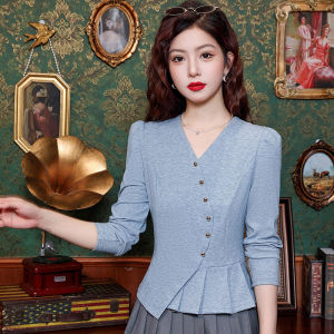 Yimei 2024 mùa thu eo V cổ áo nữ mùa thu mới dài tay co dãn lớn