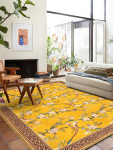 American Retro Large Size Floral Bird Carpet Easy to Maintain Living Room Yellow Carpet High End Feel Rectangular Polyester