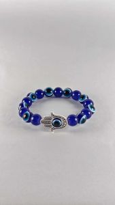 Blue Agate Stones with Hand of Fatima Evil Eye Lucky Charm Elastic Bracelet for Luck and protection / Agate stone for strength protection and courage