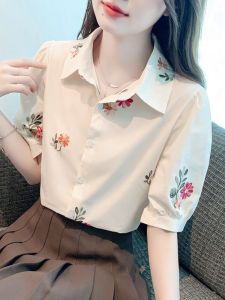 Retro Embroidered Short Sleeve Chemise Blouse for Women Summer Chic French Style High End Unique Aging-Resistant Shirt