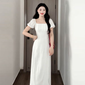 HUAYILING | French Inspired Elegant White Square Neck Puff Sleeve Dress Summer Slimming