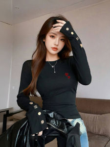 Spring Womens Long Sleeve T-Shirt Shoulder Length Design Heart Print Base Shirt Inner Wear Commute Style Korean Fit Creative Pattern