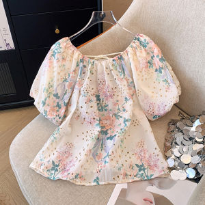 Elegant Floral Embroidery Back Tie Hollow Bubble Sleeve Shirt Womens Chic Shoulder Bared Top Korean Style Commute Silk