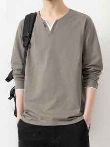 ROMON | Loose Fit Long Sleeve V Neck Pure Cotton Casual T Shirt Romon Mens Mock Two Piece Spring Autumn New Style Breathable Top
