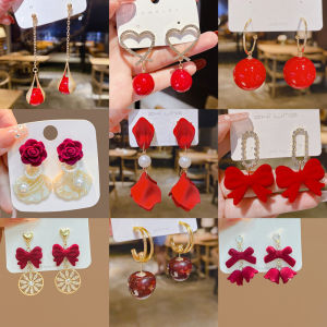 Red New Year Pearl Earrings Womens Fashion S925 Sterling Silver Elegant Celebration Bridal Ear Jewelry Retro Court Style