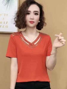 QIAOXIZI | V-Neck Slimming Fashionable Short Sleeve Top for Middle-Aged Women