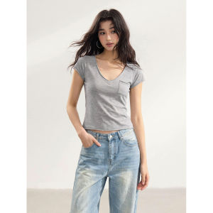 withmin | Áo Thun Crop V-neck Tay Ngắn Giúp Gọn Gàng Màu Xám