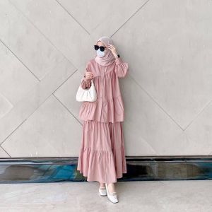 Set Alisha Rok Kemeja Wanita Lengan Panjang Polo Linen Premium Set Baju Muslimah