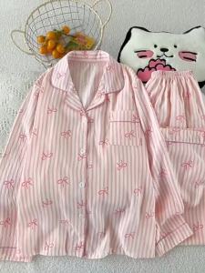 CHUANGERM Sweet Womens Long Sleeve Crinkled Fabric Pajama Set Striped Bow Print Lapel Casual Homewear for Spring & Fall