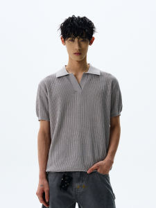 American Retro Polo Neck Knitted Short Sleeve Mens Summer Cleanfit Loose Ribbed High-End Feeling T-shirt Trendy Top