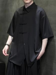น้ําแข็ง ผ้าไหม เสื้อเชิ้ตแขนสั้นผู้ชาย ฤดูร้อน แจ๊กเก็ต เสื้อผ้าสไตล์จีนใหม่ สไตล์จีน ตกแต่งด้วยปุ่ม หลวม พอดี ระบายอากาศได้ดี