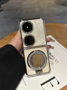 Luxurious Silver Electroplated Diamond Embedded Mirror Stand Compatible with Huawei Pocket 2 Foldable Screen P50 Case Elegant Transparent Female Protective Cover