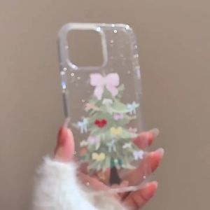 Korean Glitter Bowknot Christmas Tree Clear Phone Case for iPhone 17 16 15 14 13 12 11 Pro Max Shockproof Protective Soft Cover