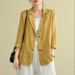 Casual Cotton Linen Short Suit Womens Long Sleeve Loose Fit Autumn Outerwear Elegant Personality Street Style Jacket