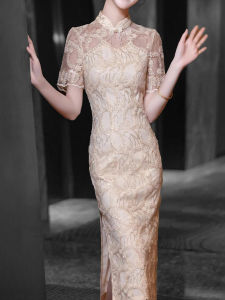 GIFISHLOW Hong Kong Luxury Summer Evening Dress Womens New Chinese Retro Style Lace Improved Cheongsam Midi Dress