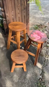 เก้าอี้ไม้จามจุรี เก้าอี้สตูลทรงกลม (สูง 24cm / 50cm) ไม้แท้เคลือบเงา มีทั้งสีธรรมชาติและลายการ์ตูน /ลิง/แมว/ปลา แข็งแรง ทนแดดฝน