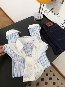 Korean Design Stripe Lace Shoulder Wrap Long Sleeve Shirt Womens Autumn Unique Personality Loose Collar Loose Fit Top
