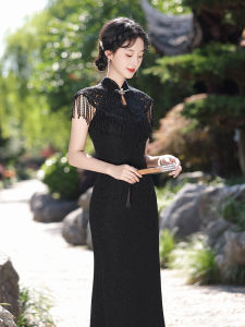 Elegant Black Summer Cheongsam Dress Cloud Shoulder Improved New Chinese Style Adult Graduation Gown Retro Style Long Qipao