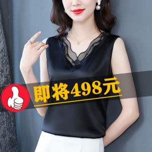 Silk Lace Crop Top Womens Sleeveless V-neck Camisole Vest Ice Silk Match with Suit Straight Cut Commute Style Single Piece