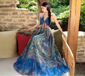 Impression Fashion Summer Sea Retro Print V-neck Straps High Waist Tunic A-line Big Swing Long Dress