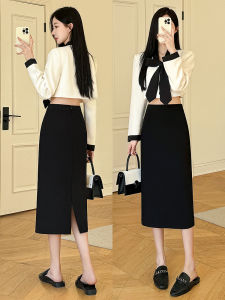 Business Formal Mid-Length Straight Skirt Womens Suit Half Skirt One-Step Bicolor Black Asymmetrical Zipper Design Commute