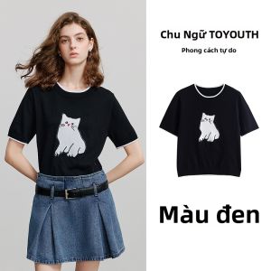 Toyouth | Áo Len Mèo Jacquard Tô Màu Đối Lập Tay Ngắn