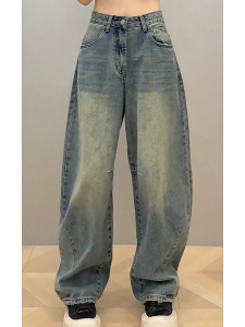 Retro American High Waist Distressed Straight Leg Wide Leg Jeans Womens Loose Floor-Length Pants Autumn New Style Korean Version