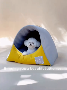 Cozy Cat Den Bed - New Soft Cotton Pet Bed for Cats Cozy & Comfortable Cat Nest in Grey/Yellow