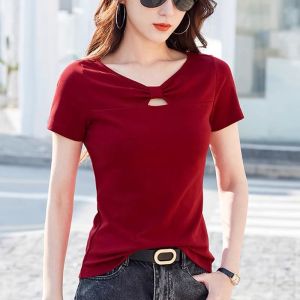 Hollow V-neck Short Sleeve T-shirt for Women 2023 Summer New Design Sense Regular Fit Beautiful Top
