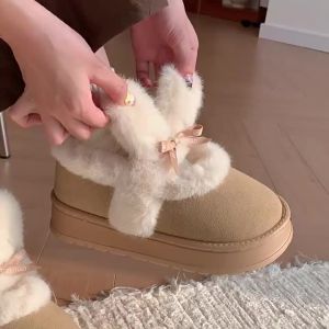 Xixitiao bốt mùa đông mùa thu cho bé gái giày Cotton Tai thỏ mềm dễ thương đế mềm dày phong cách mới ngoài trời Bốt đi Tuyết Ấm Lót Lông Cừu