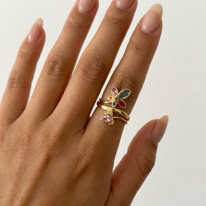 Stainless Steel Exquisite Luxury Crystal Rings For Women Gold Plated Colorful Zircon Chic Leaf Finger Ring Party Wedding Jewelry