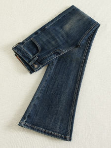 La Chapelle American Style Deep Blue Low Waist Bell Bottom Jeans Womens Fleece Elastic Slimming Floor Length Pants