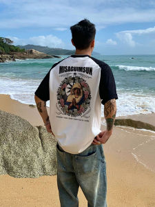 Country Trendy Heavy Weight Pure Cotton Contrast-Color Raglan Short Sleeve T-Shirt Mens Summer American Style Loose Patchwork Half Sleeve Top Clothes