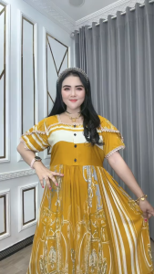 Pakaian Wanita Laskiya – Dress Katun Rayon Leher Kotak List Renda Lengan Pendek