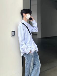 Youth Sense Wear Shirt Coat Mens American Blue Stripes Sun Protection Clothing Fancy Youth Long Sleeves Shirt