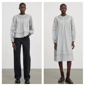 เสื้อเชิ้ตแขนยาวคอตตอนสีเทาอ่อน ชุดเดรสแขนยาวสไตล์สเวตเตอร์คอตตอน ทรงหลวม แขนพอง ปกโปโล ฤดูใบไม้ร่วง 2024