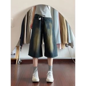 กางเกงขาสั้นยีนส์ทรงหลวมสไตล์ย้อนยุคสไตล์อเมริกันสำหรับฤดูร้อนสำหรับผู้ชายและผู้หญิง กางเกงขายาวทรงตรงทรงสลิมฟิต กางเกงขายาวทรงตรง