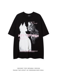 Loose Mens Short Sleeve T-Shirt Cat Print American High Street Style Dark Series Summer Fashion Brand Couple Half Sleeve T-Shirt