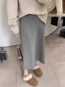Gray Wool Knitting Skirt Womens Autumn and Winter Small High Waist A- line Straight Skirt Mid Length Long Length Hip Skirt