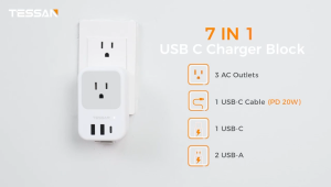 TESSAN 20W Plug Adapter Retractable Cable USB-C Multi Outlet Extender 3 AC Outlets Wall Socket
